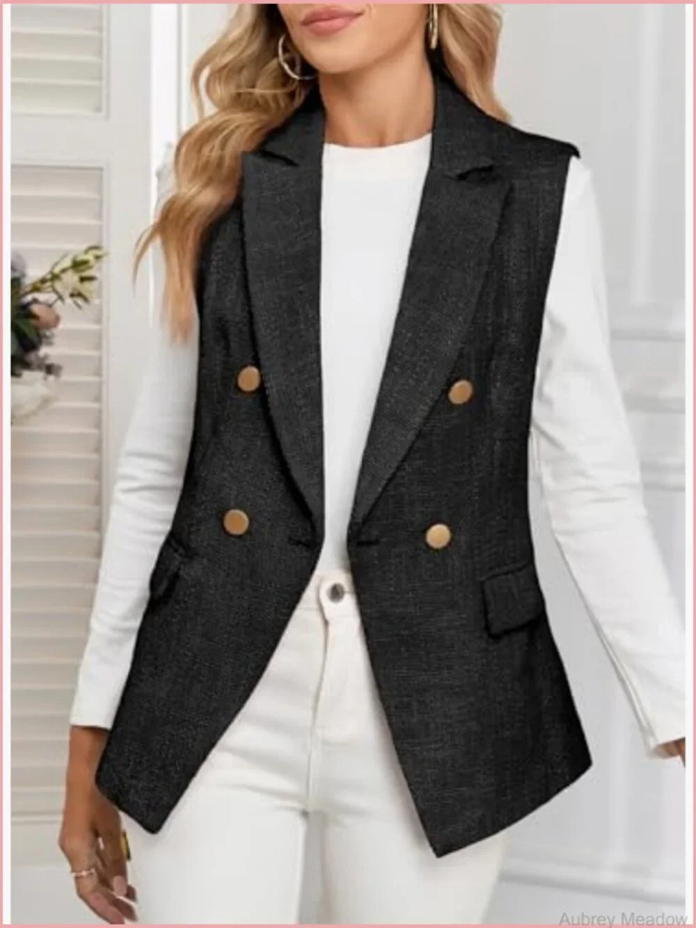Sleeveless Tweed Blazer Vest Double Breasted Work Suit Jacket with Pockets